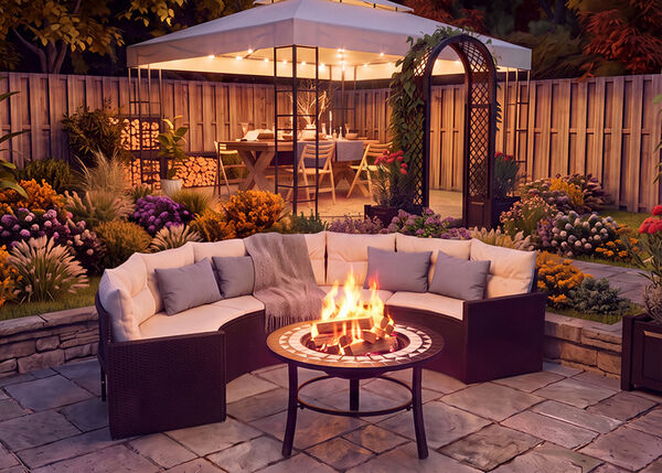 Garten-Loungebereich mit runder Feuerstelle und gepolsterten Sitzpl&auml;tzen, vor einem beleuchteten Gartenpavillon, umgeben von bunten Blumen und gestalteten Gr&uuml;nfl&auml;chen in der D&auml;mmerung.