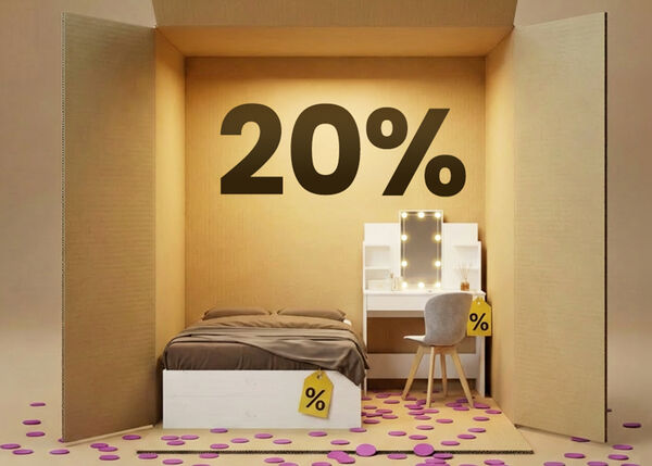 Moderne Schlafzimmerm&ouml;bel mit wei&szlig;em Bett und beigefarbenem Schminktisch in einer Box-Darstellung, mit 20% Rabatt auf Schlafzimmer-Basics.
