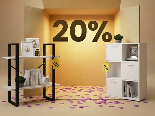 Minimalistische Regale aus schwarzem Metall und hellem Holz mit wei&szlig;en W&uuml;rfelboxen in einer Box-Darstellung, mit 20% Rabatt auf Aufbewahrungsm&ouml;bel.