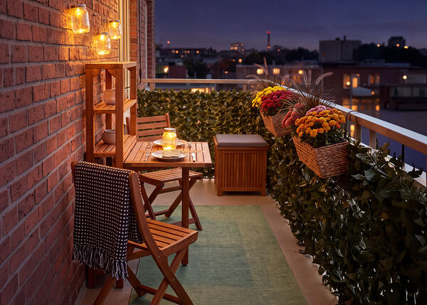 Kleiner Balkon mit Holzst&uuml;hlen und Tisch, beleuchtet von Laternen und Kerzen, dekoriert mit Topfblumen und Gr&uuml;npflanzen, mit Blick auf die Skyline der Stadt bei Nacht.