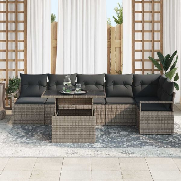 vidaXL Garten-Sofa-Set mit Speicher 7 pcs Grau Poly Rattan