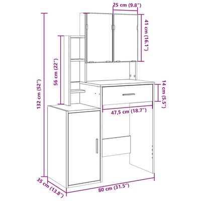 vidaXL Schminktisch mit Schrank Sonoma-Eiche 80x35x132 cm