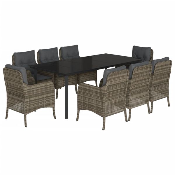 vidaXL 9-tlg. Garten-Essgruppe mit Kissen Grau Poly Rattan