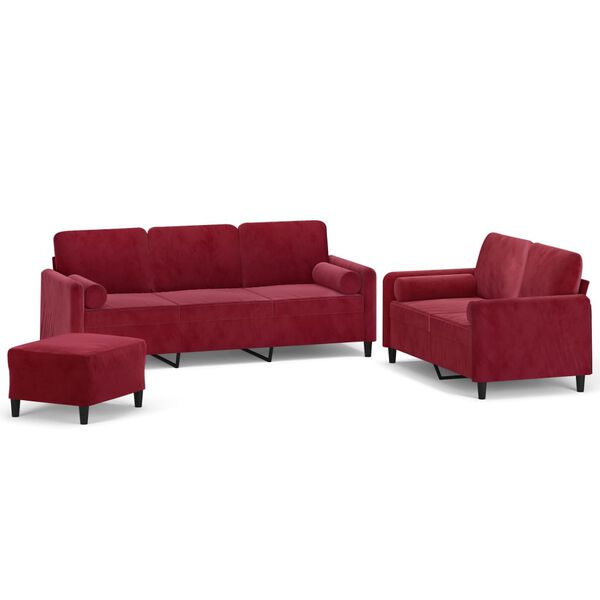 vidaXL 3-tlg. Sofagarnitur mit Kissen Weinrot Samt