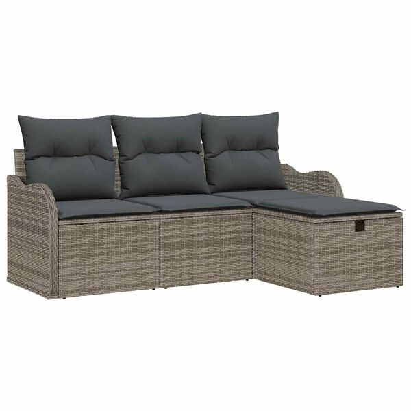 vidaXL Garten-Sofa-Set mit Kissen mit Speicher 4 pcs Grau Poly Rattan