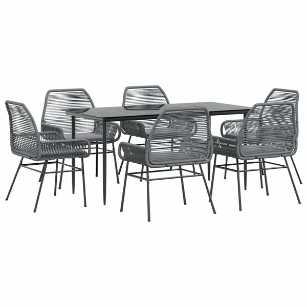 vidaXL 7-tlg. Garten-Essgruppe mit Kissen Grau Poly Rattan Glas