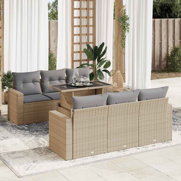 vidaXL 7-tlg. Garten-Sofagarnitur mit Kissen Beige Poly Rattan