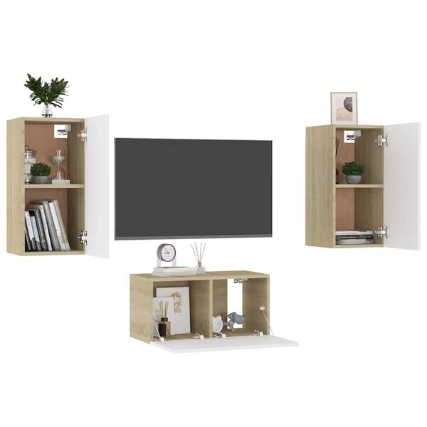 vidaXL 3-tlg. TV-Schrank-Set Wei&szlig; Sonoma-Eiche Holzwerkstoff