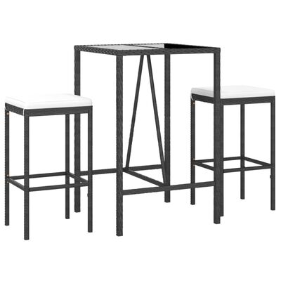 vidaXL 3-tlg. Gartenbar-Set mit Kissen Schwarz Poly Rattan