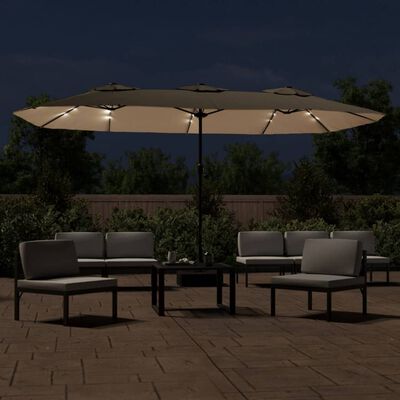 vidaXL Doppel-Sonnenschirm mit LED-Leuchten Taupe 449x245 cm