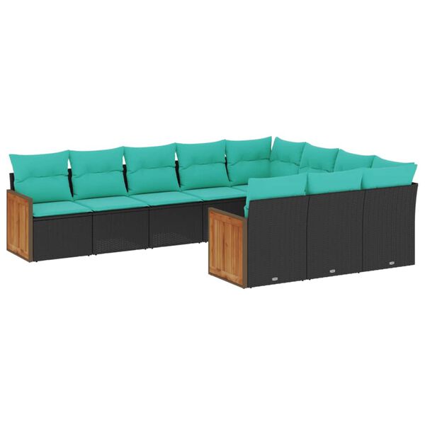 vidaXL 10-teiliges Gartensofa-Set mit Kissen, schwarzes Polyrattan