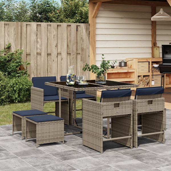 vidaXL 11-teiliges Garten-Ess-Set mit Kissen, grau, Polyrattan
