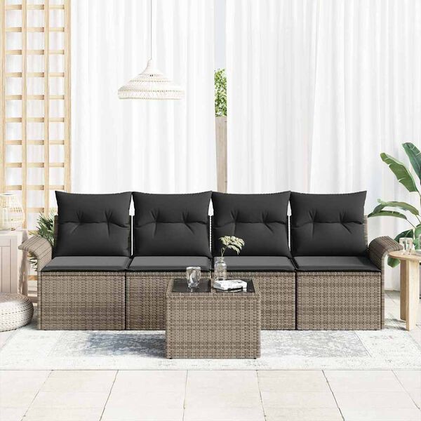 vidaXL Gartensofa-set mit Kissen mit Speicher 5 pcs Grau Poly-Rattan