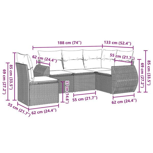 vidaXL 5-tlg. Garten-Sofagarnitur mit Kissen Hellgrau Poly Rattan