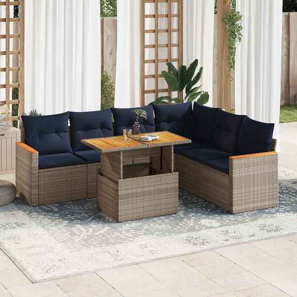 vidaXL 7-tlg. Garten-Sofagarnitur mit Kissen Grau Poly Rattan