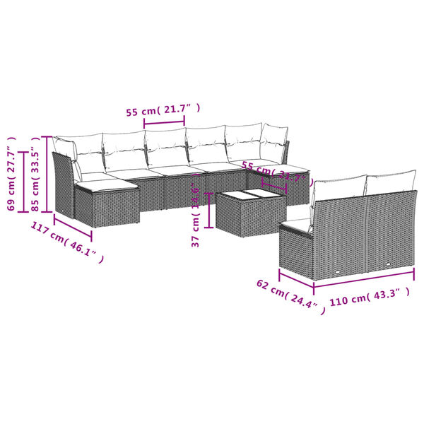 vidaXL 10-tlg. Garten-Sofagarnitur mit Kissen Beige Poly Rattan