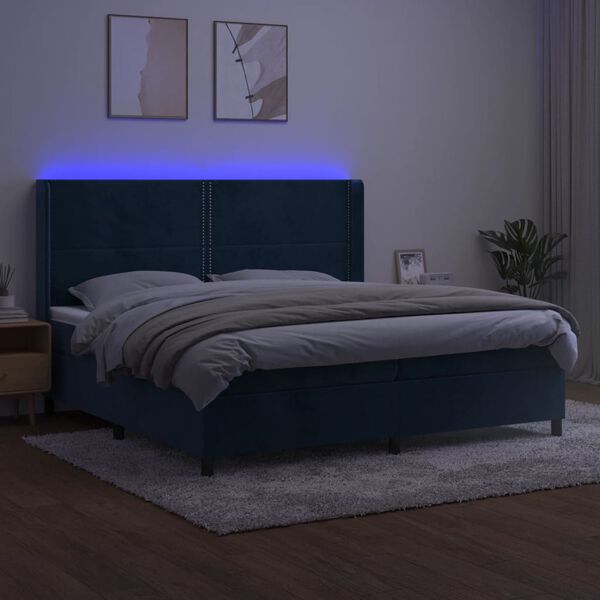 vidaXL Boxspringbett mit Matratze & LED Dunkelblau 200x200 cm Samt