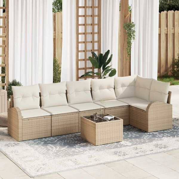 vidaXL Sofa Set mit Kissen 7 pcs Beige und Weiß Poly-Rattan
