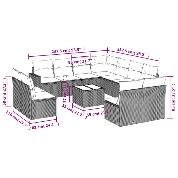 vidaXL 12-tlg. Garten-Sofagarnitur mit Kissen Braun Poly Rattan
