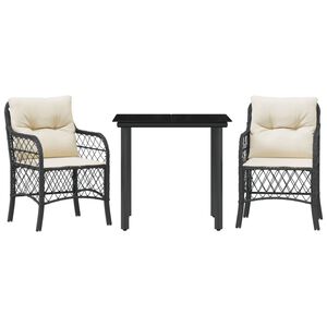 vidaXL 3-tlg. Bistro-Set mit Kissen Schwarz Poly Rattan