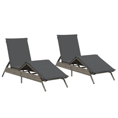 vidaXL Sonnenliegen mit Auflagen 2 Stk. Grau Poly Rattan