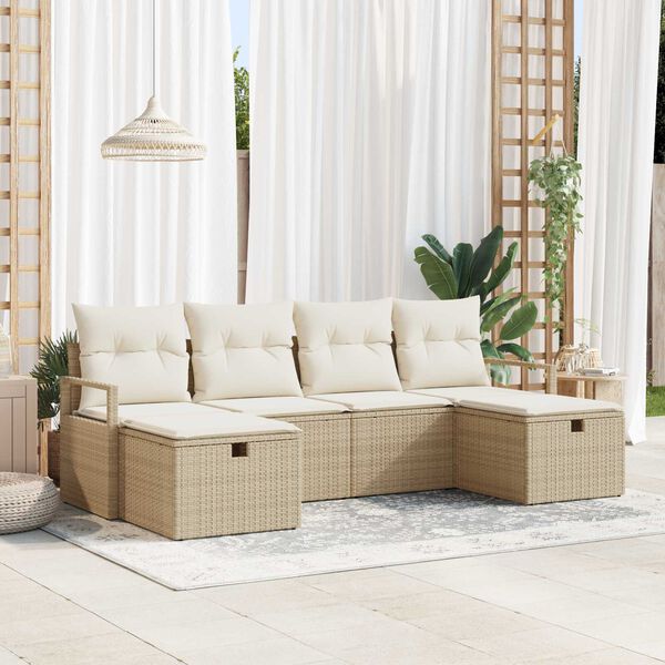 vidaXL Garten-Sofa-Set mit Kissen mit Speicher 6 pcs Beige Poly Rattan