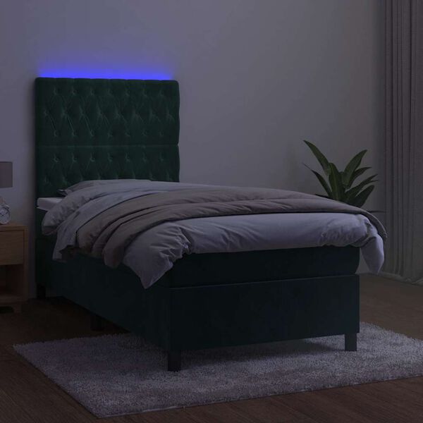 vidaXL Boxspringbett mit Matratze & LED Dunkelgr&uuml;n 100x200 cm Samt