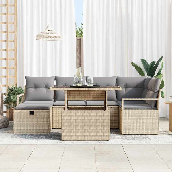 vidaXL Garten-Sofa-Set mit Kissen mit Speicher 7 pcs Beige Poly Rattan