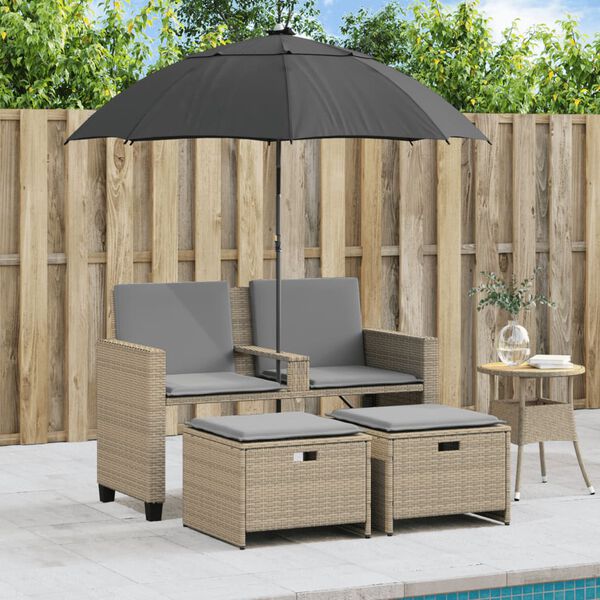 vidaXL Gartensofa 2-Sitzer Sonnenschirm und Hocker Beige Poly-Rattan