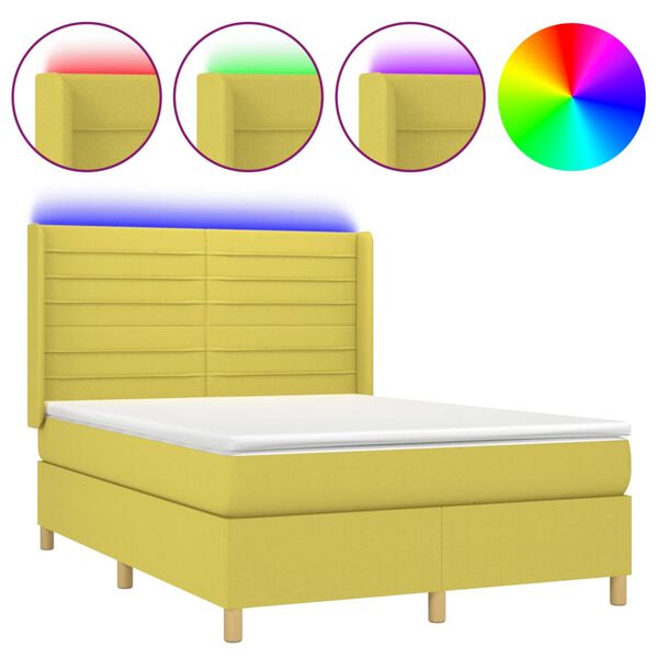 vidaXL Boxspringbett mit Matratze & LED Gr&uuml;n 140x200 cm Stoff