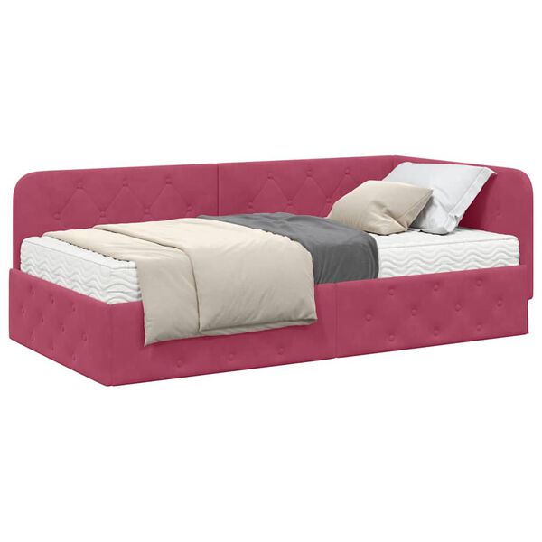 vidaXL Eckbettgestell mit Matratze Weinrot 90 x 190 cm Samt