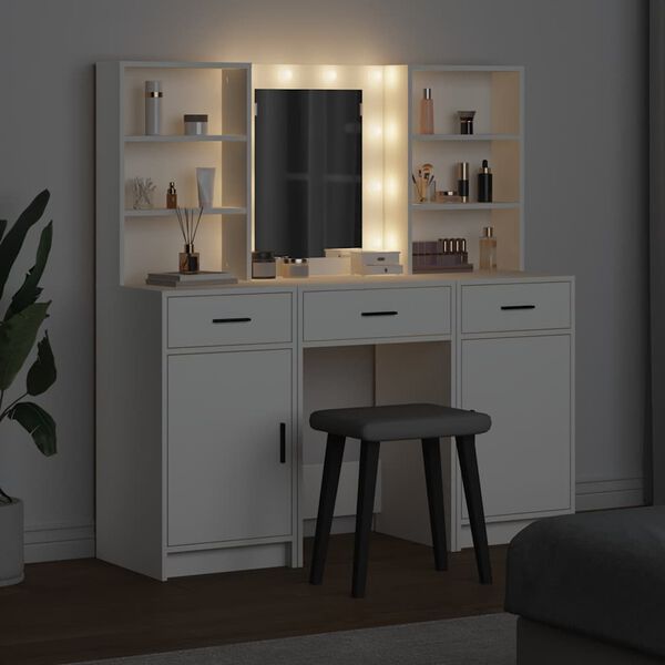 vidaXL Schminktischset mit LED mit Schubladen 3 pcs Wei&szlig; Holzwerkstoff