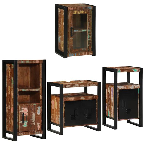 vidaXL Badezimmerm&ouml;bel-Set mit T&uuml;r 4 pcs Mehrfarbig Massives Altholz