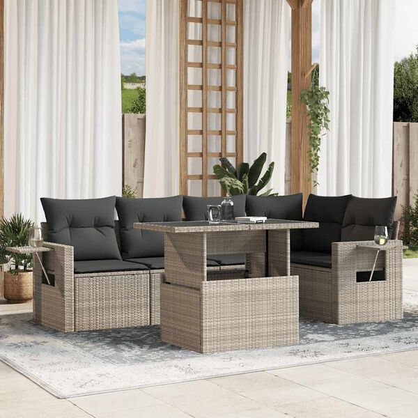 vidaXL 6-tlg. Garten-Sofagarnitur mit Kissen Hellgrau Poly Rattan