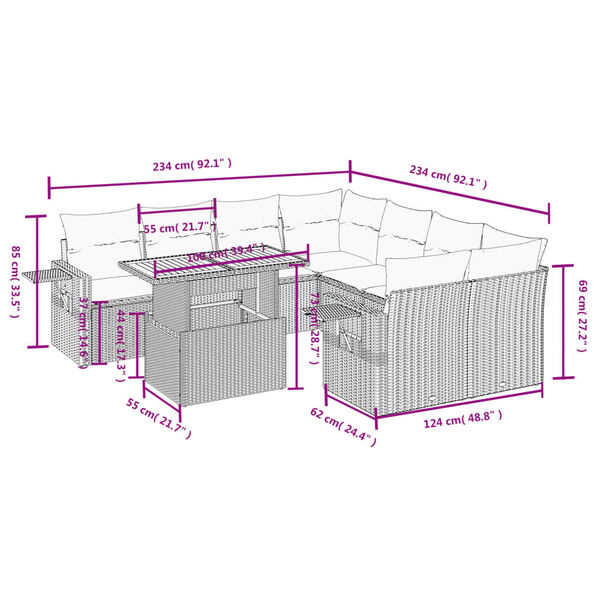 vidaXL 9-tlg. Garten-Sofagarnitur mit Kissen Beige Poly Rattan