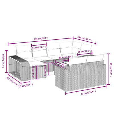 vidaXL 11-tlg. Garten-Sofagarnitur mit Kissen Hellgrau Poly Rattan