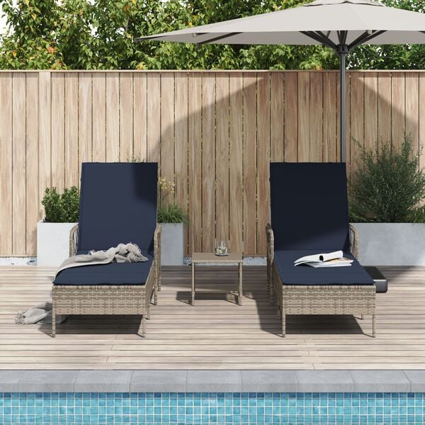 vidaXL Sonnenliege mit Kissen 3 pcs Grau und Marineblau Poly-Rattan