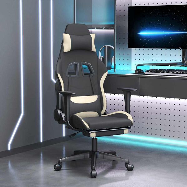 vidaXL Gaming-Stuhl mit Massage & Fu&szlig;st&uuml;tze Schwarz und Creme Stoff