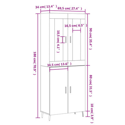 vidaXL Highboard Schwarz 69,5x34x180 cm Holzwerkstoff