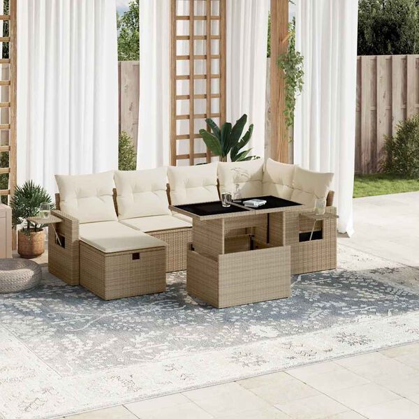 vidaXL 7-tlg. Garten-Sofagarnitur mit Kissen Beige Poly Rattan