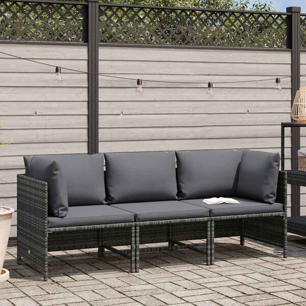 vidaXL 3-Sitzer-Gartensofa mit Kissen Grau Poly Rattan