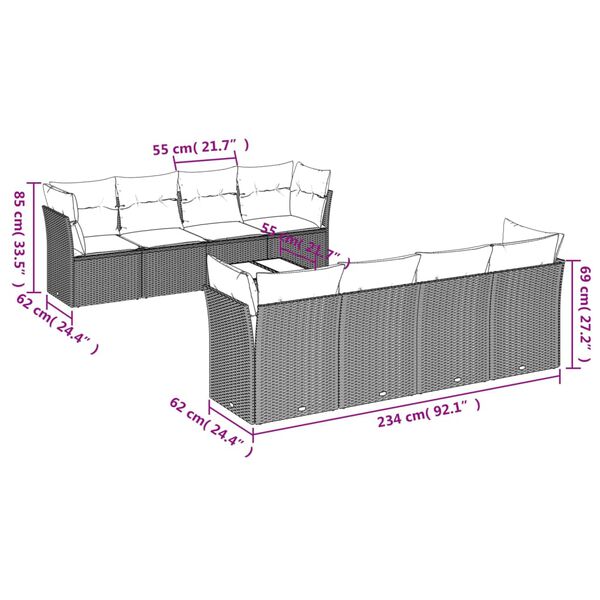 vidaXL 9-tlg. Garten-Sofagarnitur mit Kissen Hellgrau Poly Rattan
