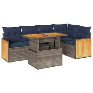 vidaXL 6-tlg. Garten-Sofagarnitur mit Kissen Grau Poly Rattan Akazie