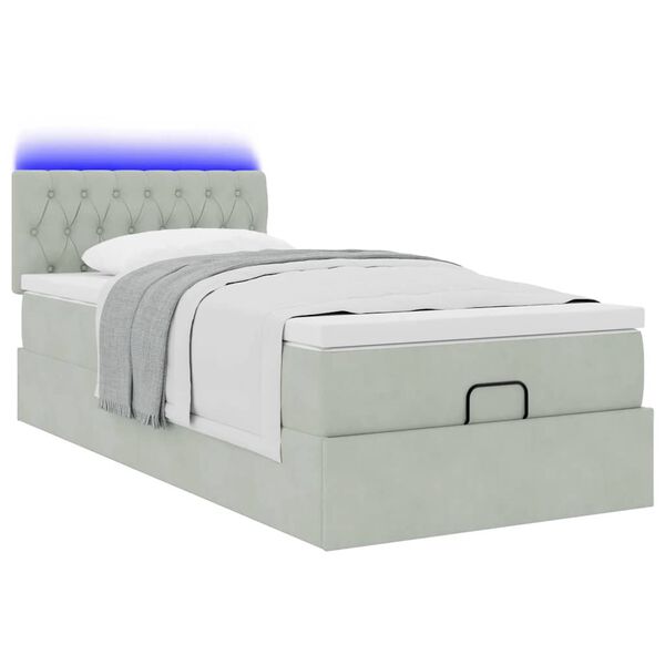 vidaXL Ottoman-Bett mit Matratze & LEDs Hellgrau 90x190 cm Samt
