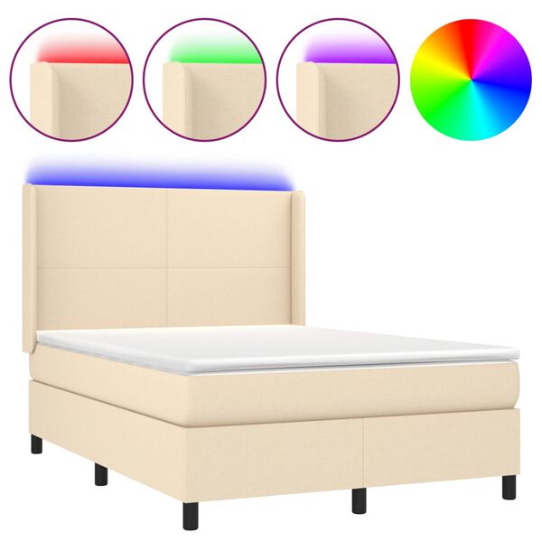 vidaXL Boxspringbett mit Matratze & LED Creme 140x200 cm Stoff