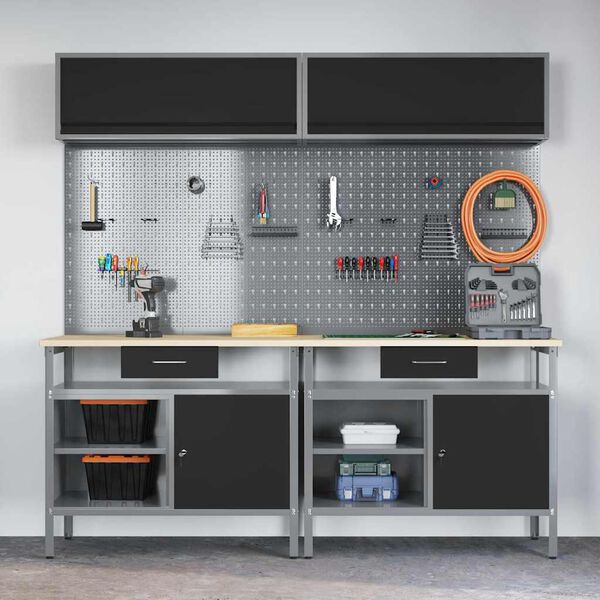 vidaXL Werkbank-Set mit Regal 8 pcs Schwarz 200 x 55 x 200 cm Stahl