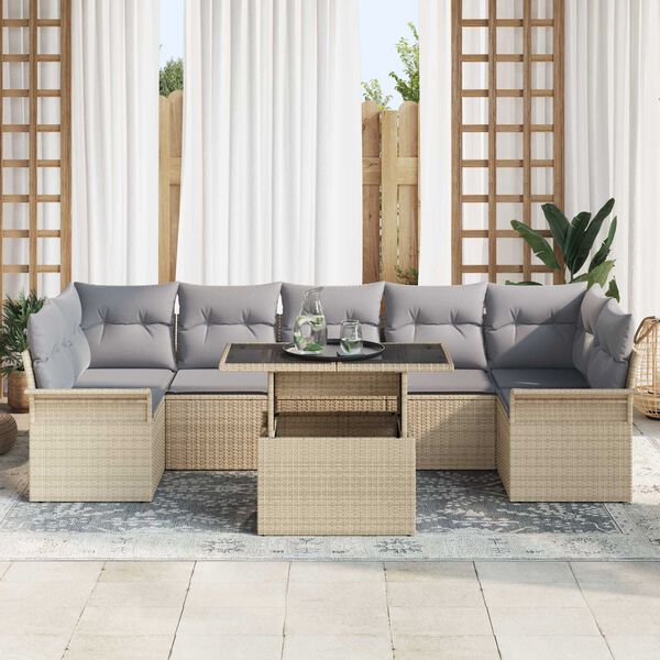 vidaXL Garten-Sofa-Set mit Kissen mit Speicher 8 pcs Beige Poly Rattan