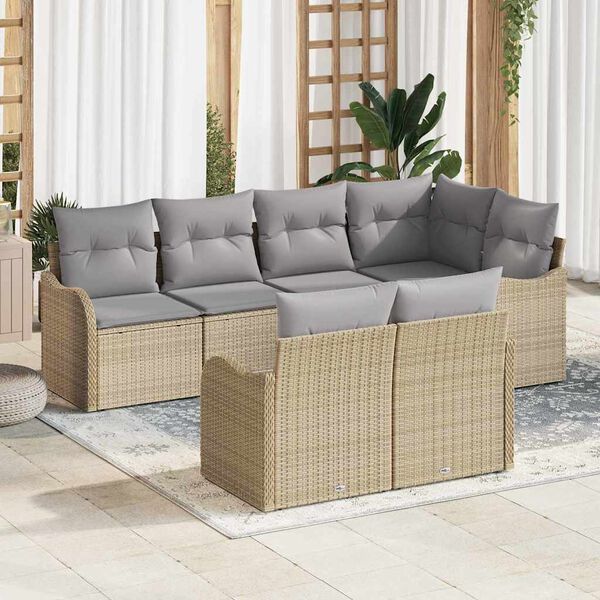 vidaXL Garten-Sofa-Set mit Kissen mit Speicher 7 pcs Beige Poly Rattan