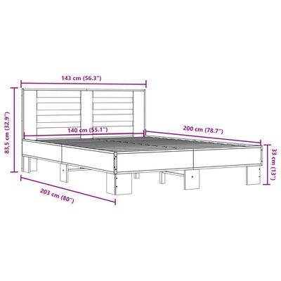 vidaXL Bettgestell Braun Eichen-Optik 140x200 cm Holzwerkstoff Metall