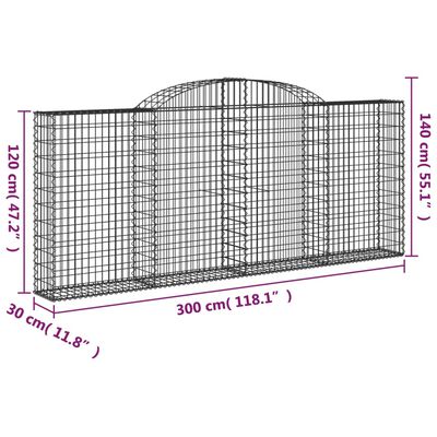 vidaXL Gabionen mit Hochbogen 9 Stk. 300x30x120/140cm Verzinktes Eisen